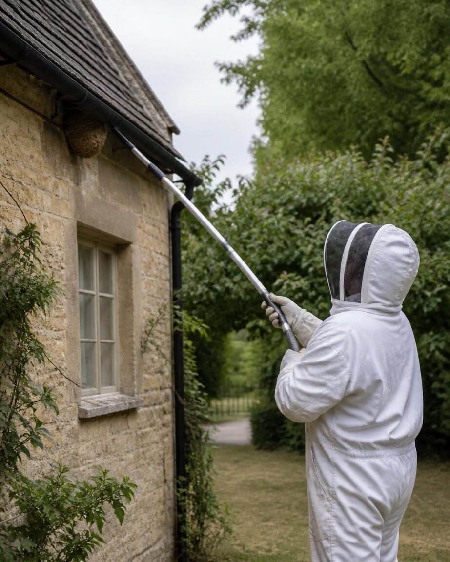 Licensed technician treating a wasp nest inside a low airbrick with a handheld duster applicator