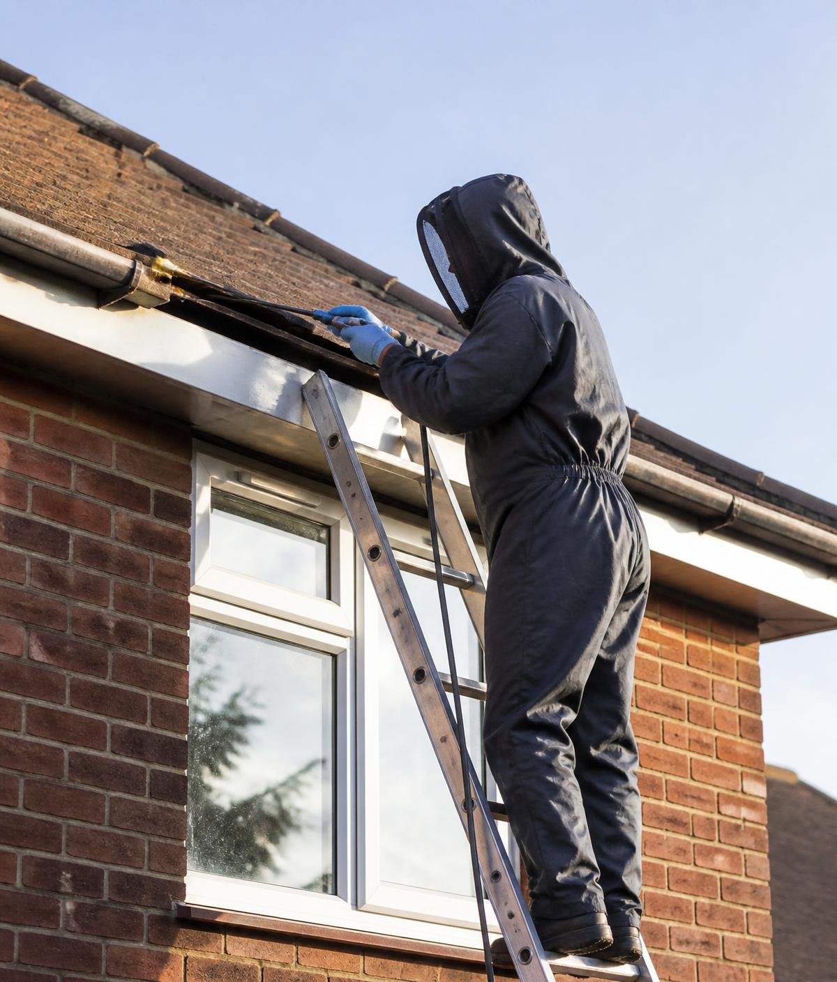 Technician in protective coveralls treating a wasp nest entry point at the roofline of a house