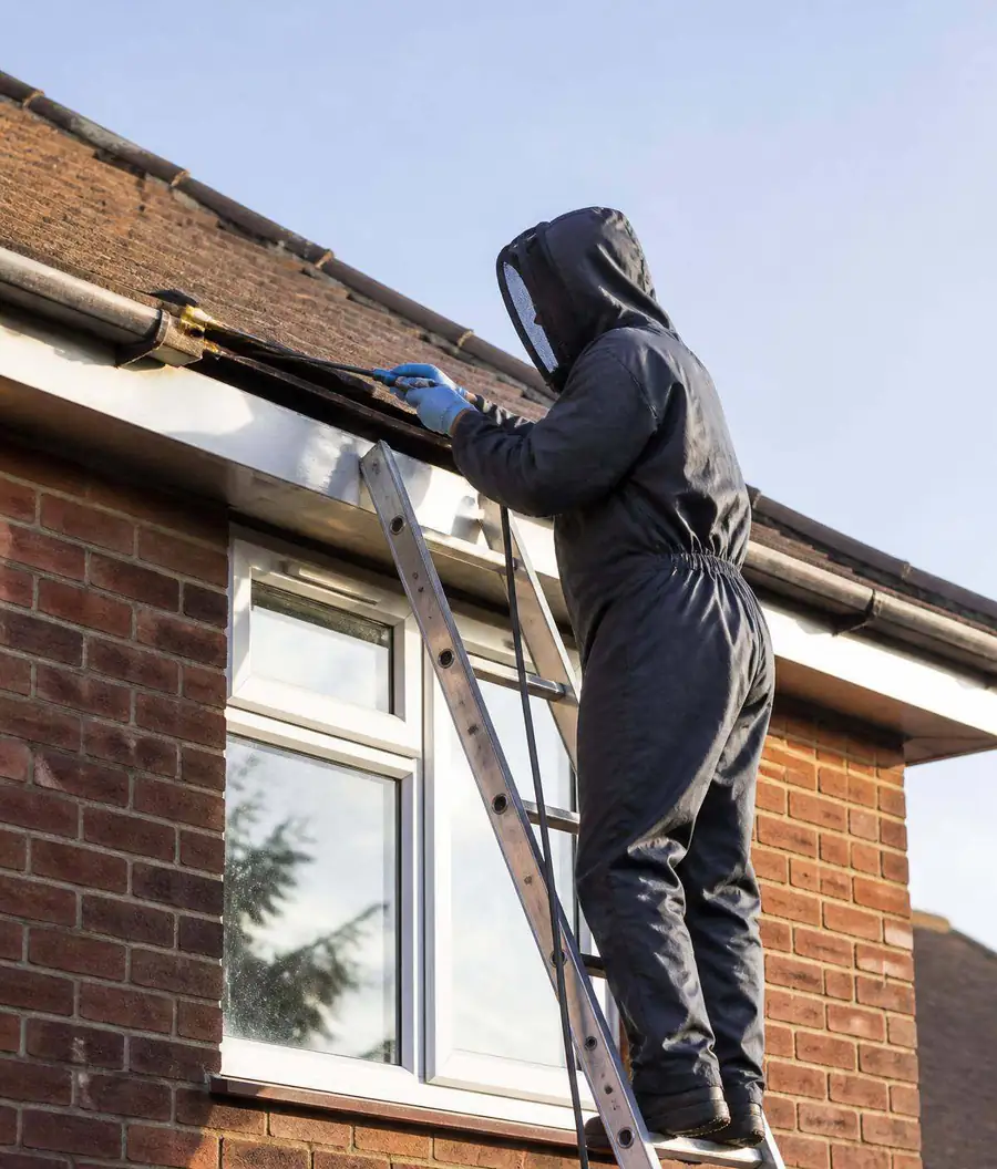 Technician in protective coveralls treating a wasp nest entry point at the roofline of a house