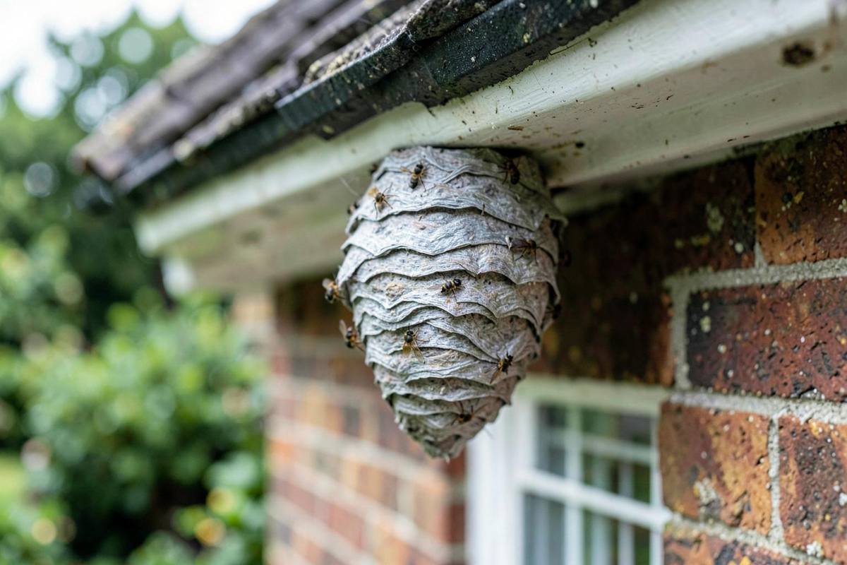Wasp nest hanging under the eaves of a property — typical of nests we treat in Wantage