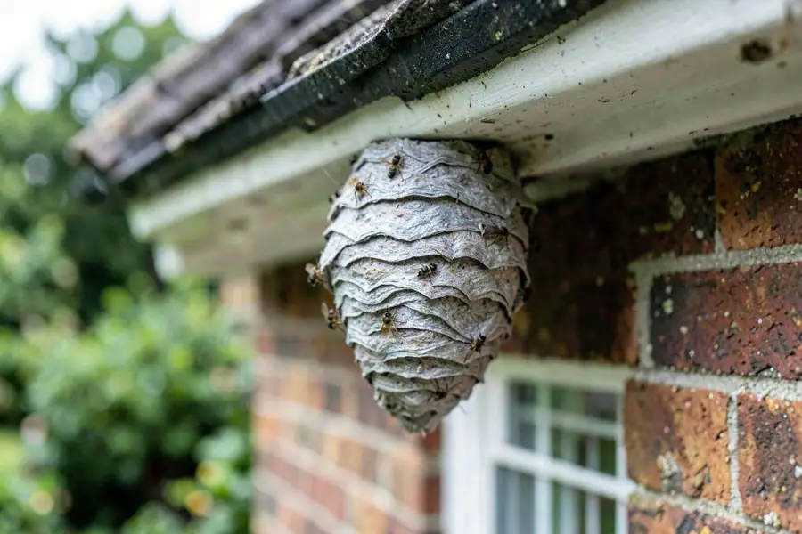 Wasp nest hanging under the eaves of a property — typical of nests we treat in Caversham